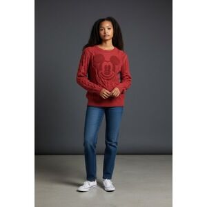 Disney Mickey Mouse Red Cable Knit Sweater Textured Graphic Pullover Small